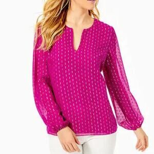 New Lilly Pulitzer Aaron Silk Top Bordeaux Berry Pink Metallic Blouse Women sz S